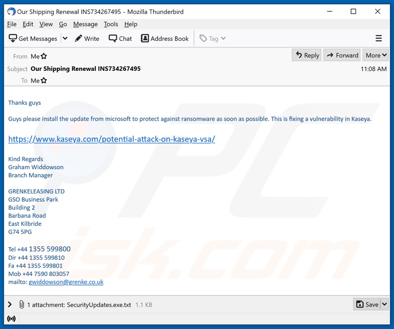 Kaseya malware-spreading email spam campaign