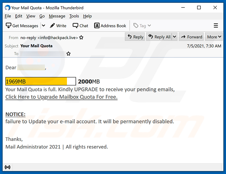 Mail Quota-themed spam email (2021-07-07)