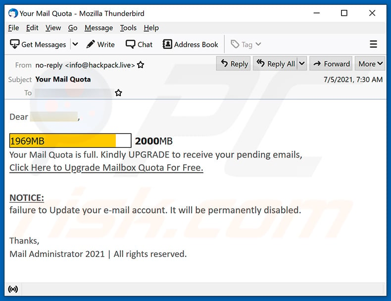 Mail Quota-themed spam email (2021-07-07)