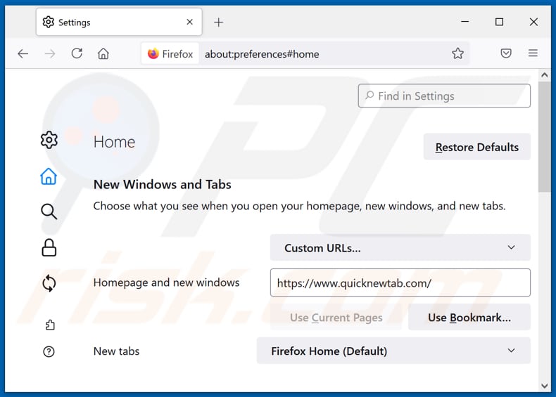 Removing quicknewtab.com from Mozilla Firefox homepage