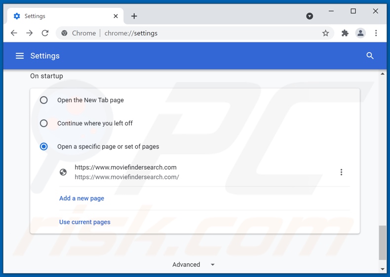 Removing moviefindersearch.com from Google Chrome homepage