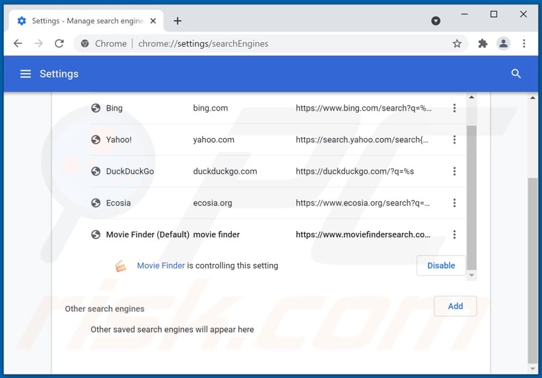 Removing moviefindersearch.com from Google Chrome default search engine