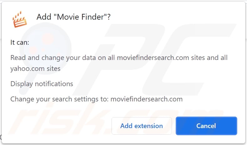 Movie Finder browser hijacker asking for various permissions