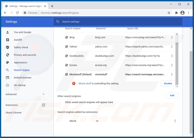 Removing search.movieapp.net from Google Chrome default search engine