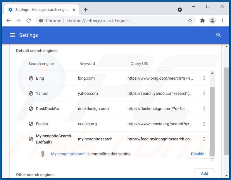Removing myincognitosearch.com from Google Chrome default search engine
