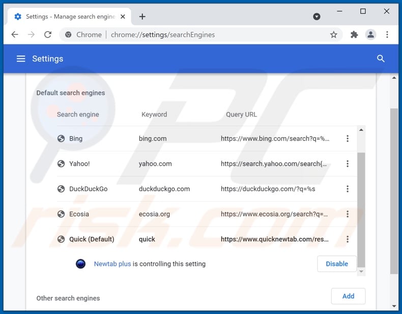 Removing quicknewtab.com from Google Chrome default search engine