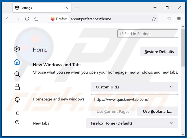 Removing quicknewtab.com from Mozilla Firefox homepage