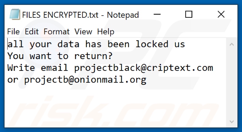 PB ransomware text file (FILES ENCRYPTED.txt)