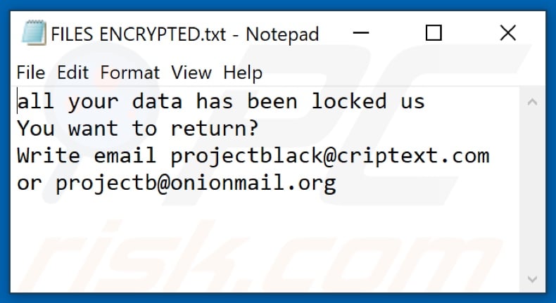 PB ransomware text file (FILES ENCRYPTED.txt)