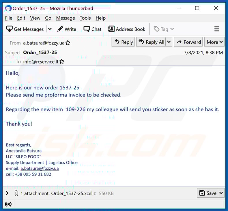 Proforma Invoice-themed spam email (2021-07-12)