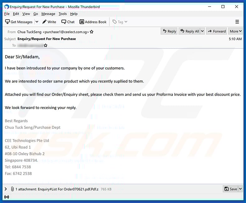 Proforma-themed spam email spreading Formbook (2021-07-07)