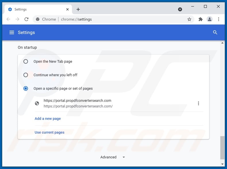 Removing propdfconvertersearch.com from Google Chrome homepage