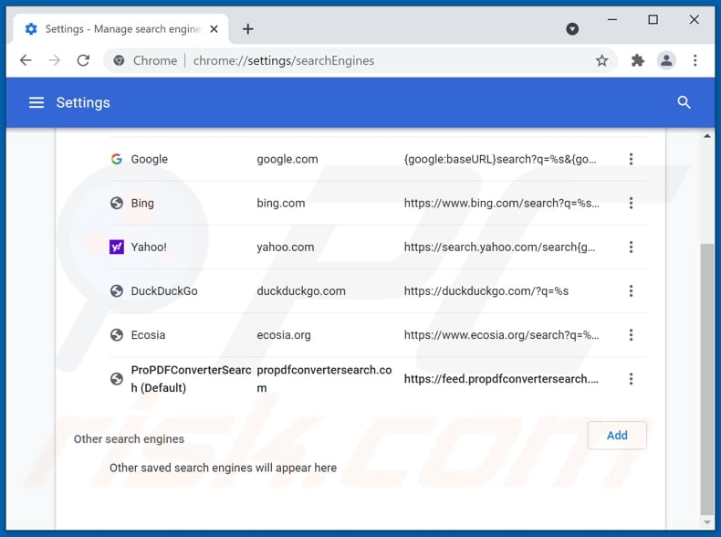 Removing propdfconvertersearch.com from Google Chrome default search engine