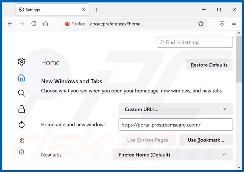 Removing prostreamsearch.com from Mozilla Firefox homepage