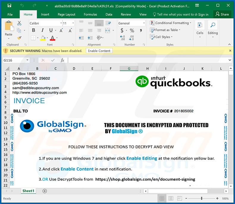 Malicious QuickBooks-themed MS Excel document used to spread Dridex malware