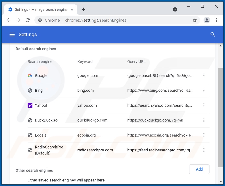 Removing radiosearchpro.com from Google Chrome default search engine