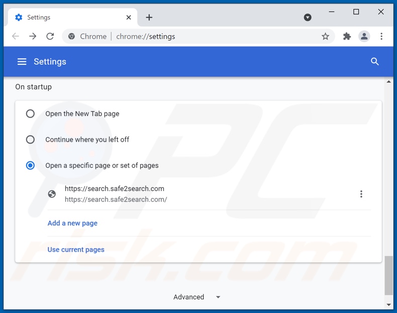 Removing search.safe2search.com from Google Chrome homepage