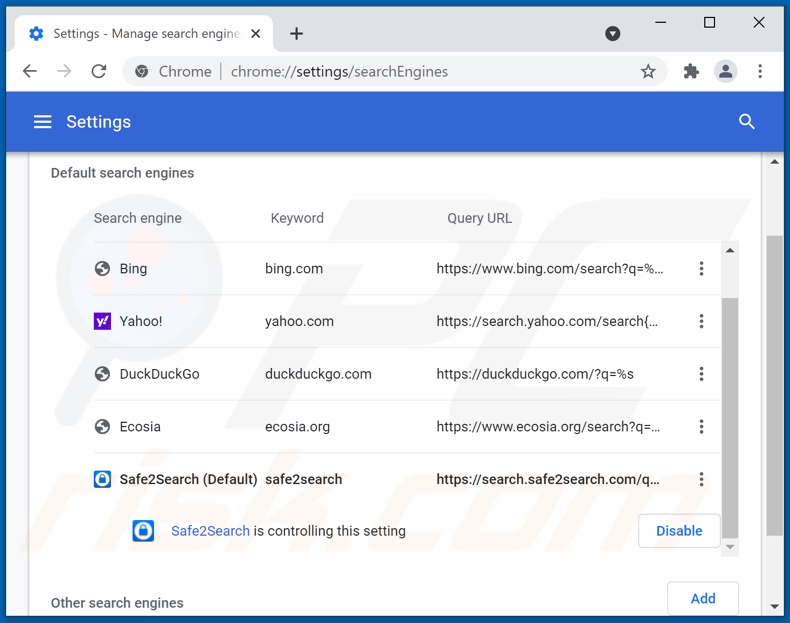 Removing search.safe2search.com from Google Chrome default search engine
