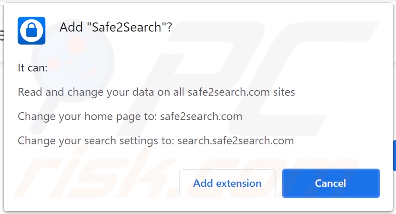 Safe2Search browser hijacker asking for permissions