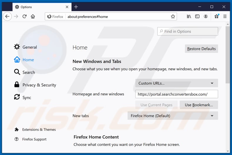 Removing searchconvertersbox.com from Mozilla Firefox homepage