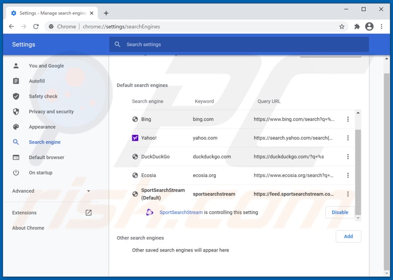 Removing sportsearchstream.com from Google Chrome default search engine