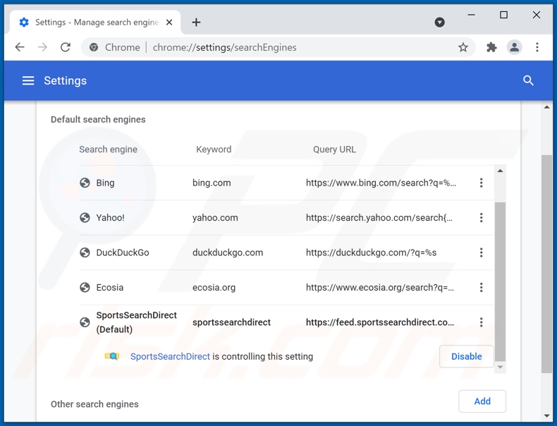 Removing sportssearchdirect.com from Google Chrome default search engine