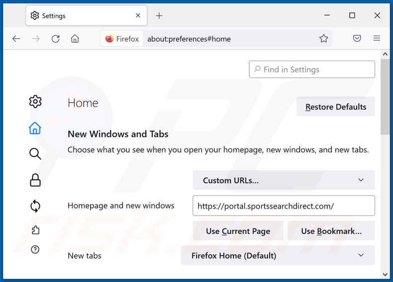 Removing sportssearchdirect.com from Mozilla Firefox homepage