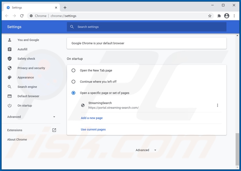 Removing streaming-search.com from Google Chrome homepage