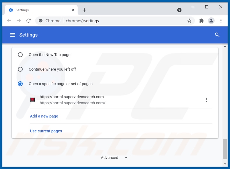 Removing supervideosearch.com from Google Chrome homepage