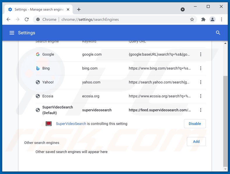Removing supervideosearch.com from Google Chrome default search engine