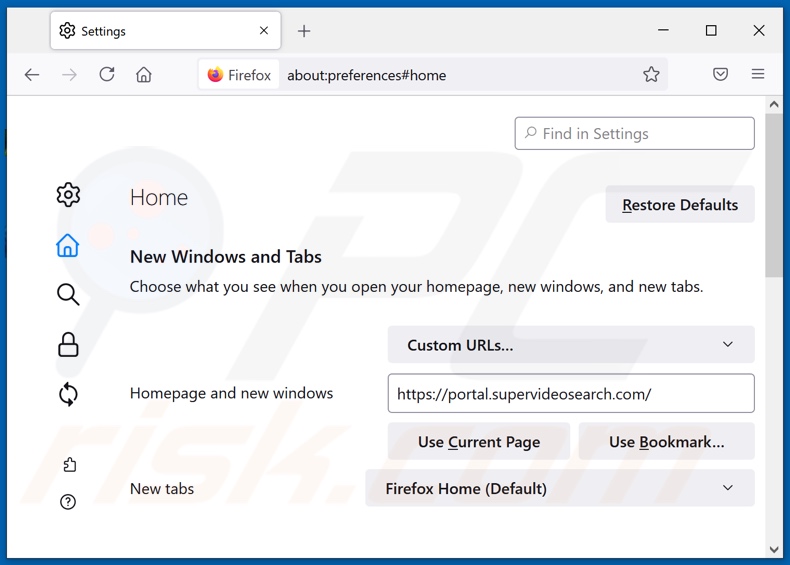 Removing supervideosearch.com from Mozilla Firefox homepage