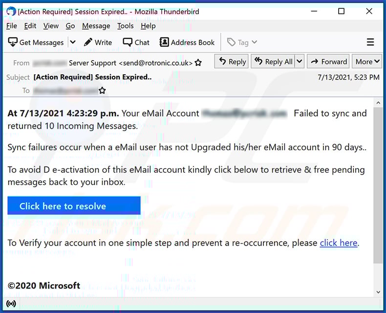 Email synchronization-themed spam email (2021-07-23)