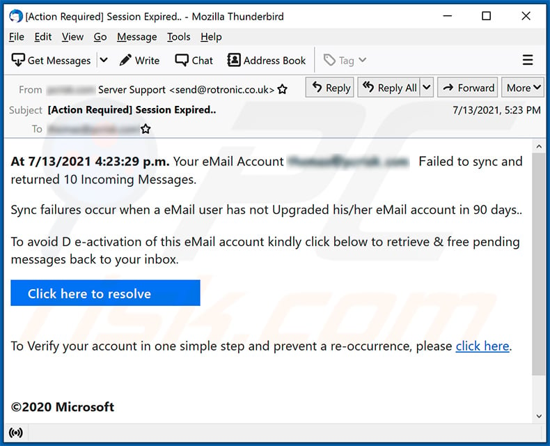 Email synchronization-themed spam email (2021-07-23)