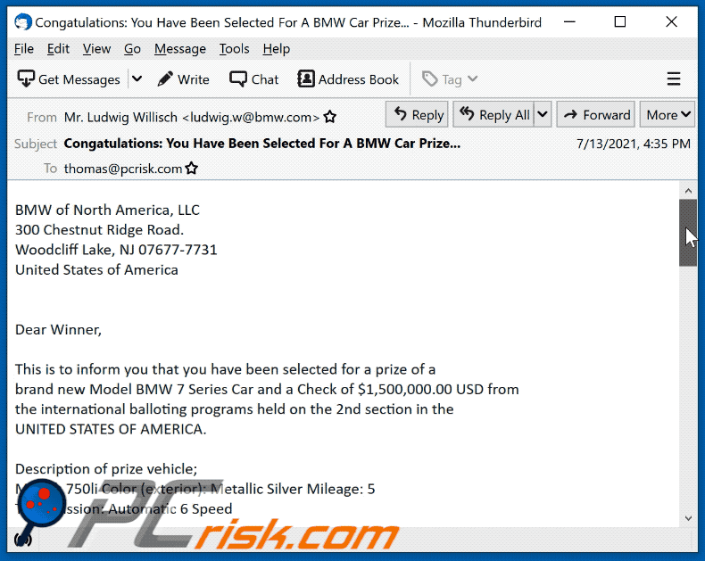 The BMW Lottery scam email appearance (GIF)