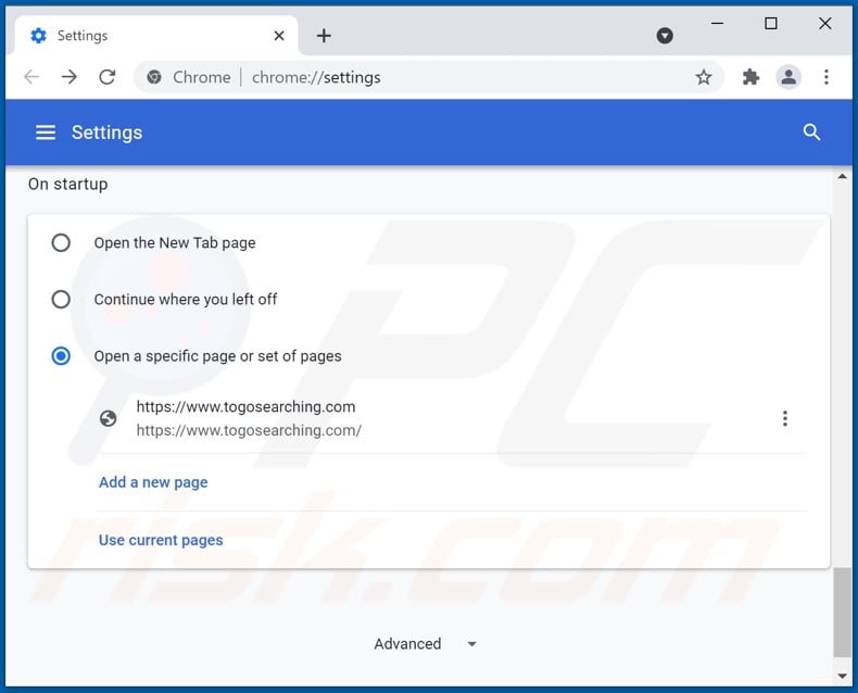 Removing togosearching.com from Google Chrome homepage