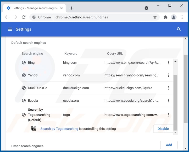 Removing togosearching.com from Google Chrome default search engine