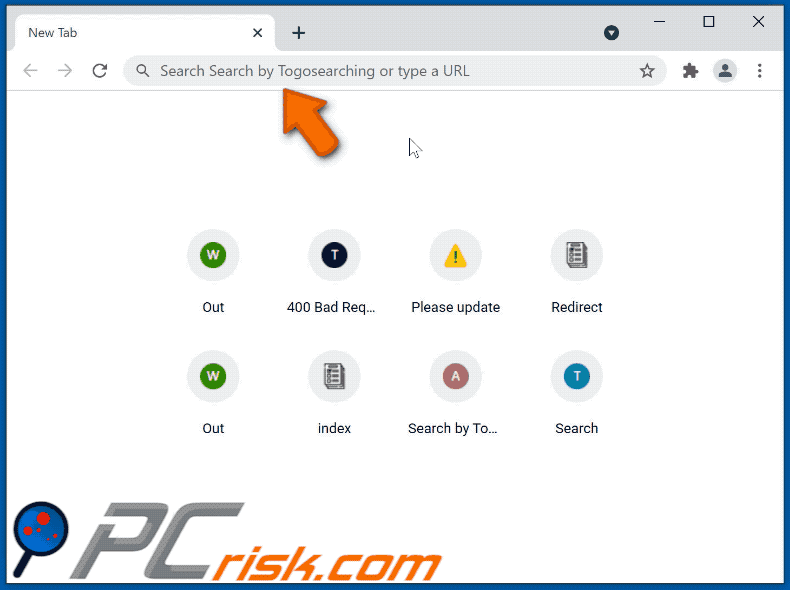 Togosearching browser hijacker redirecting to Bing (GIF)