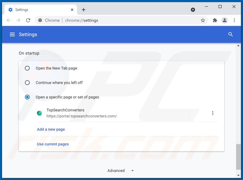 Removing topsearchconverters.com from Google Chrome homepage