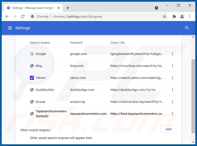 Removing topsearchconverters.com from Google Chrome default search engine