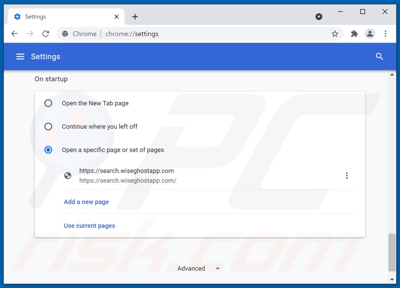 Removing search.wiseghostapp.com from Google Chrome homepage