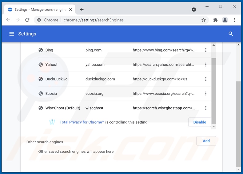 Removing search.wiseghostapp.com from Google Chrome default search engine