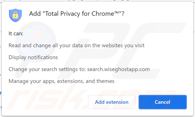 Total Privacy browser hijacker asking for various permissions