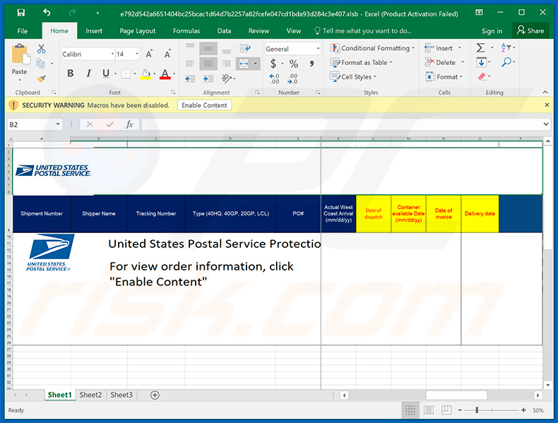 USPS-themed malicious MS Excel document spreading Dridex malware