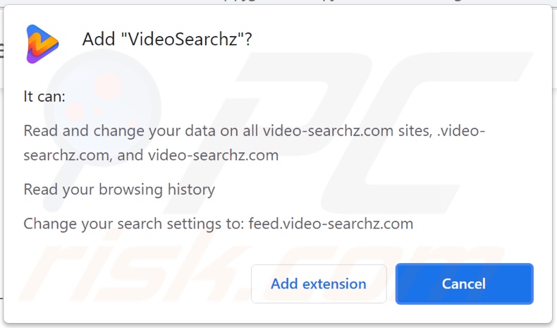 VideoSearchz browser hijacker asking for permissions