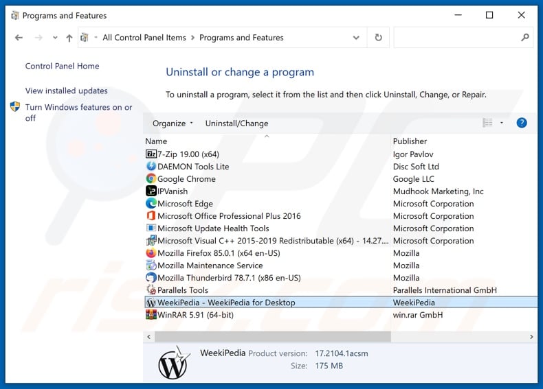WeekiPedia adware uninstall via Control Panel