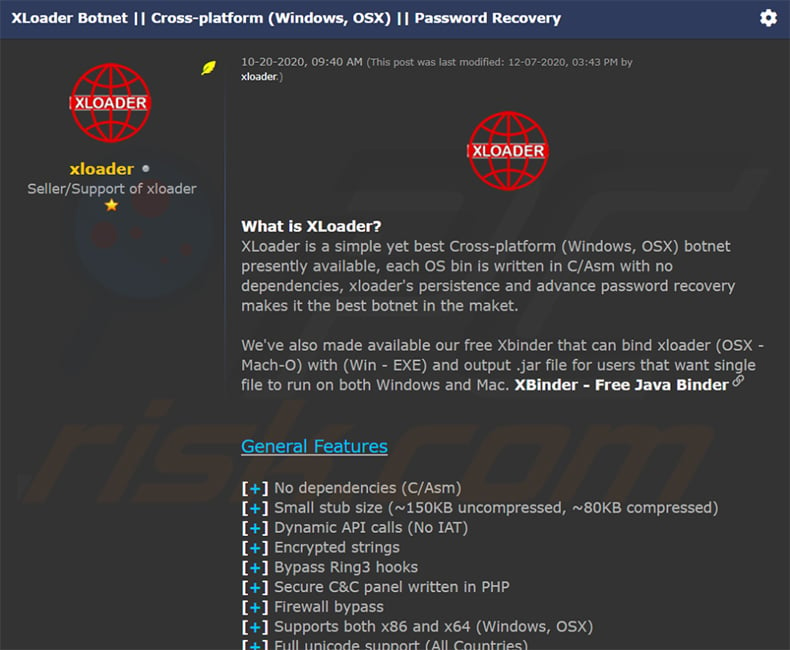 Cyber criminals selling XLoader in hacker forums