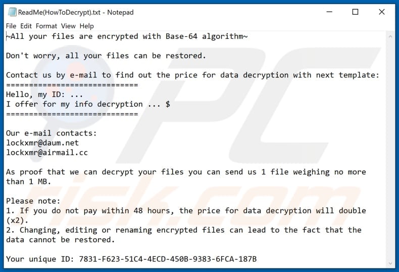 XMRLocker ransomware text file (ReadMe(HowToDecrypt).txt)