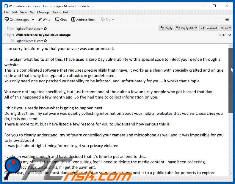 your device was compromised email scam appearance