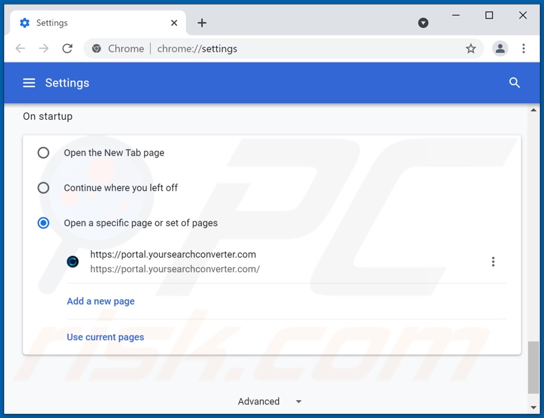 Removing yoursearchconverter.com from Google Chrome homepage