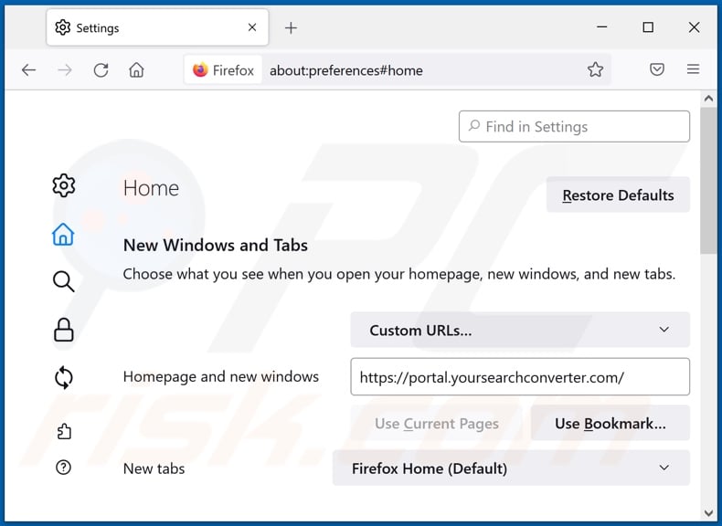 Removing yoursearchconverter.com from Mozilla Firefox homepage